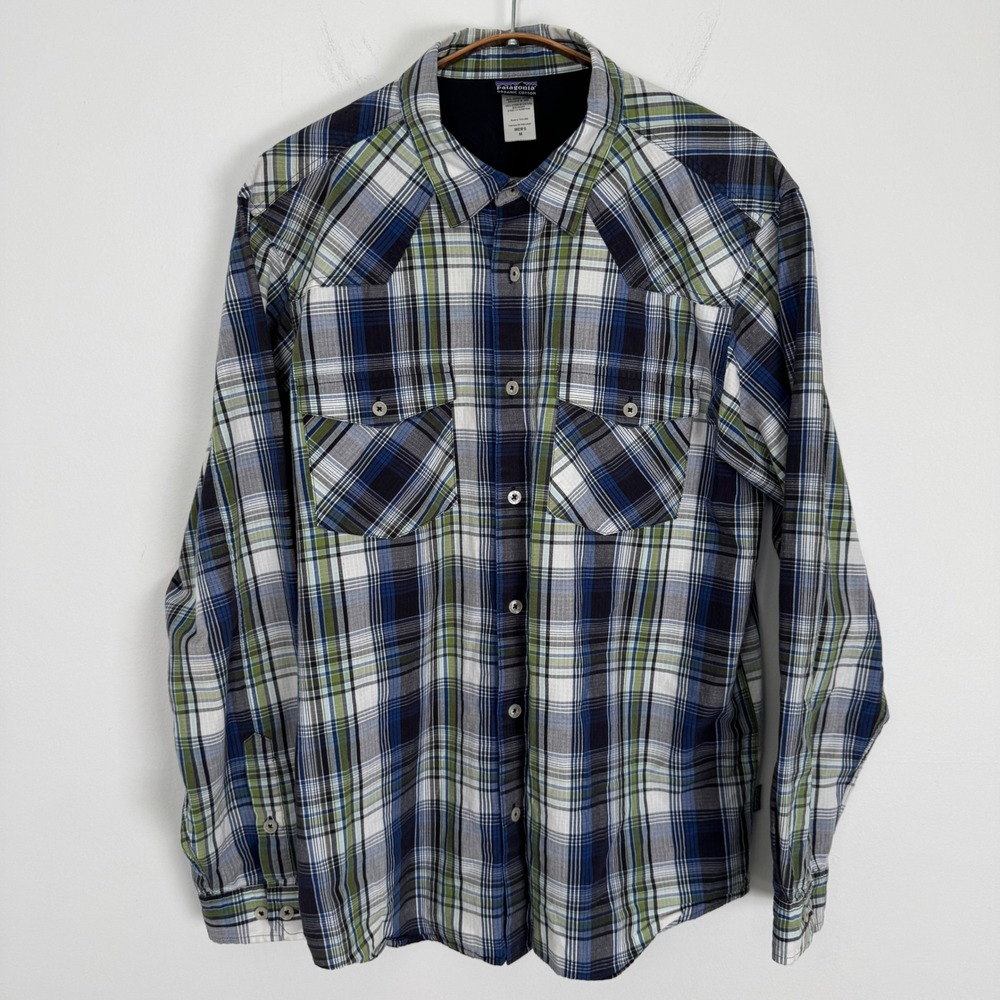 Patagonia Mens Organic Cotton Plaid Western Button Down Shirt Blue Green Size M‎
